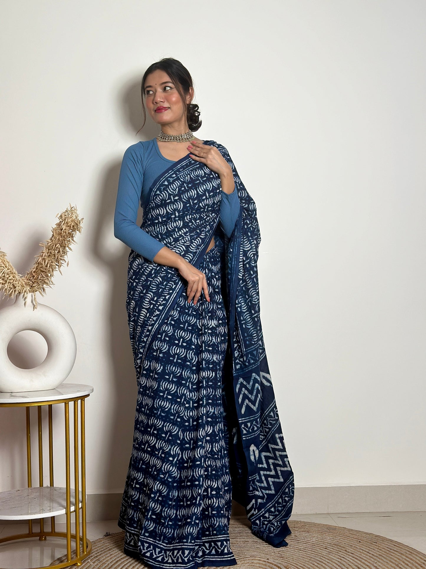 Indigo Lotus - Blue Handblock Dabu in Natural Dyes - Cotton Mulmul Saree