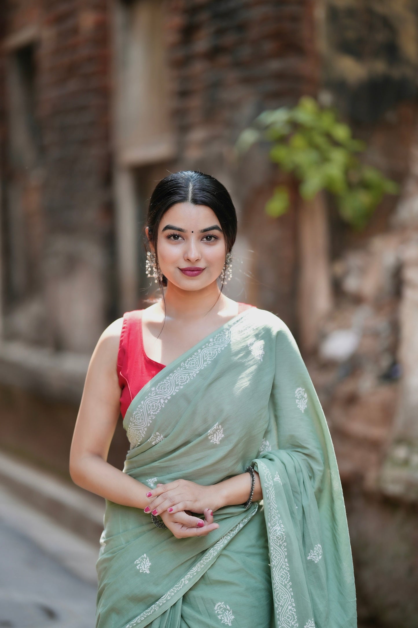 Mint Mojito - Handblock Print Natural Dyed - Green Mulmul Cotton Saree