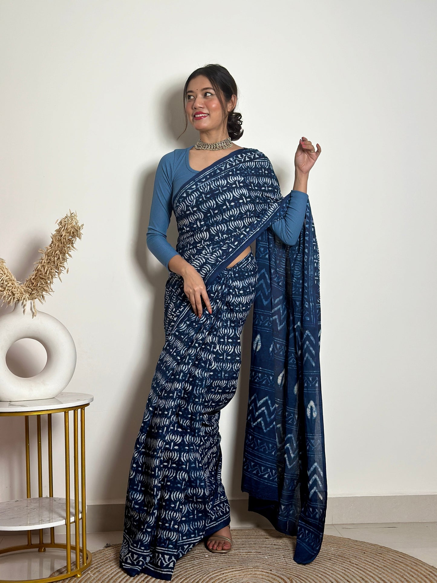 Indigo Lotus - Blue Handblock Dabu in Natural Dyes - Cotton Mulmul Saree