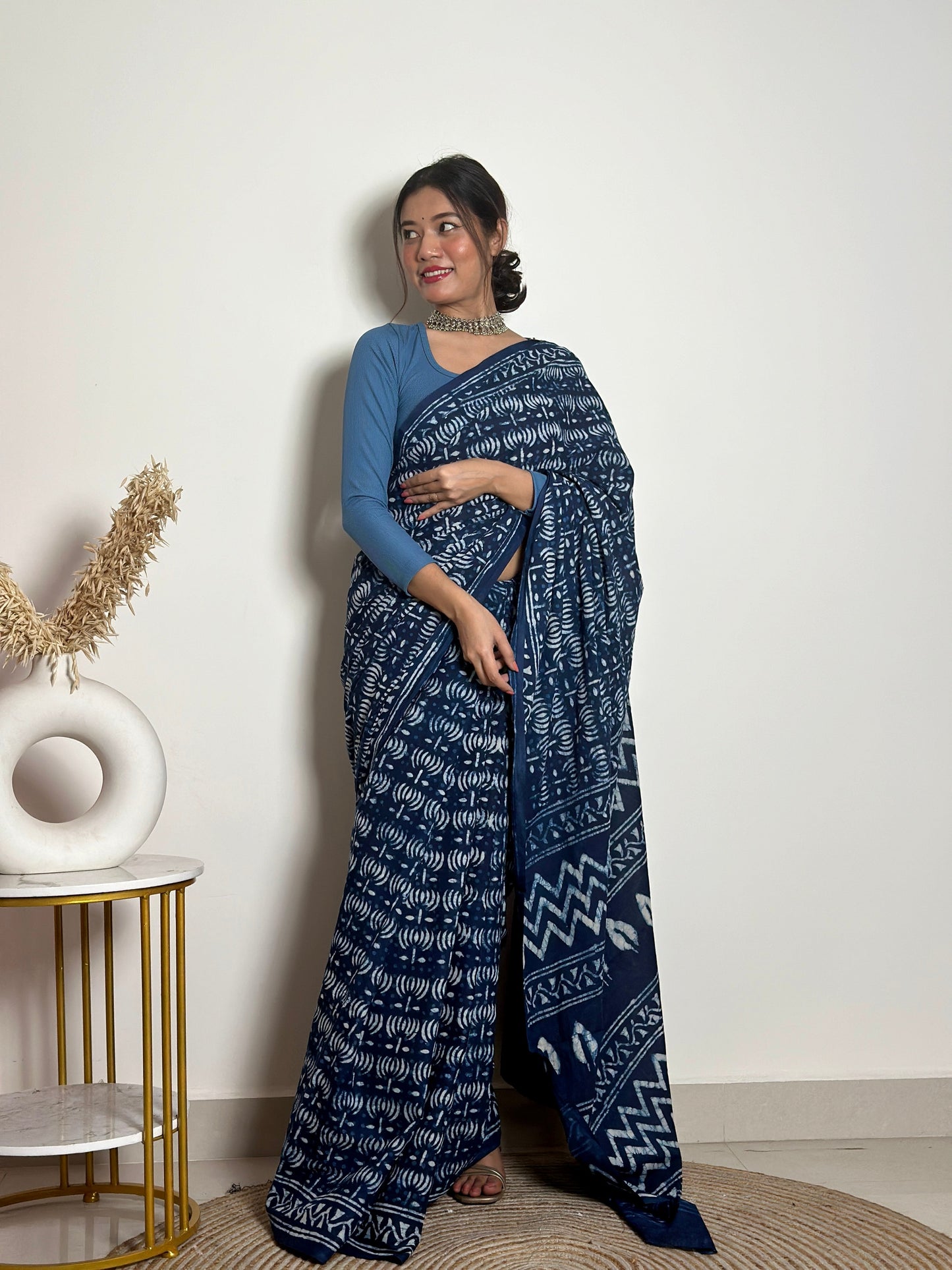 Indigo Lotus - Blue Handblock Dabu in Natural Dyes - Cotton Mulmul Saree