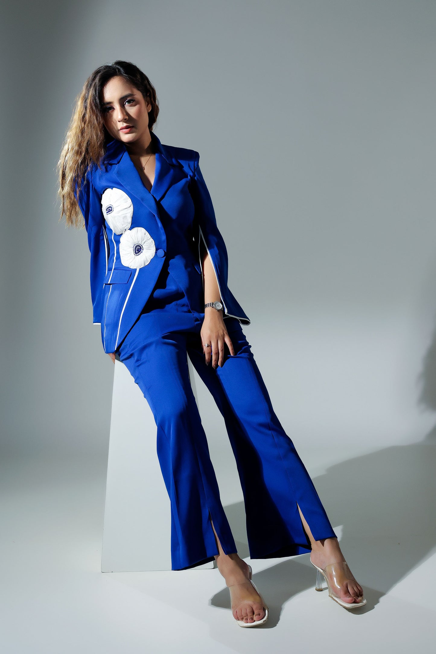 Classic Pant Suit With Floral Detailing and Slit Pants