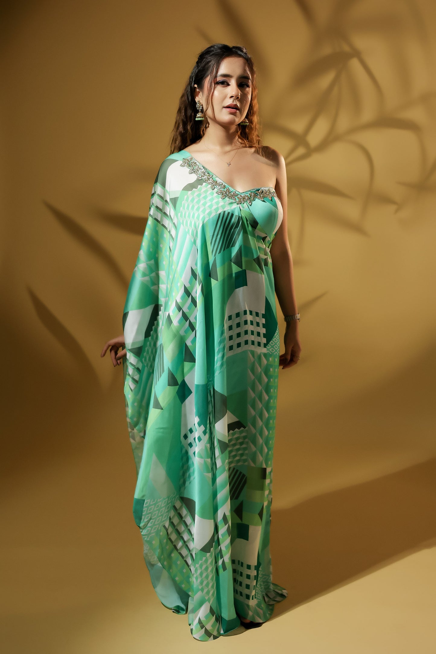 Green Exquisite Embroidered Neckline Off Shoulder Printed Dress