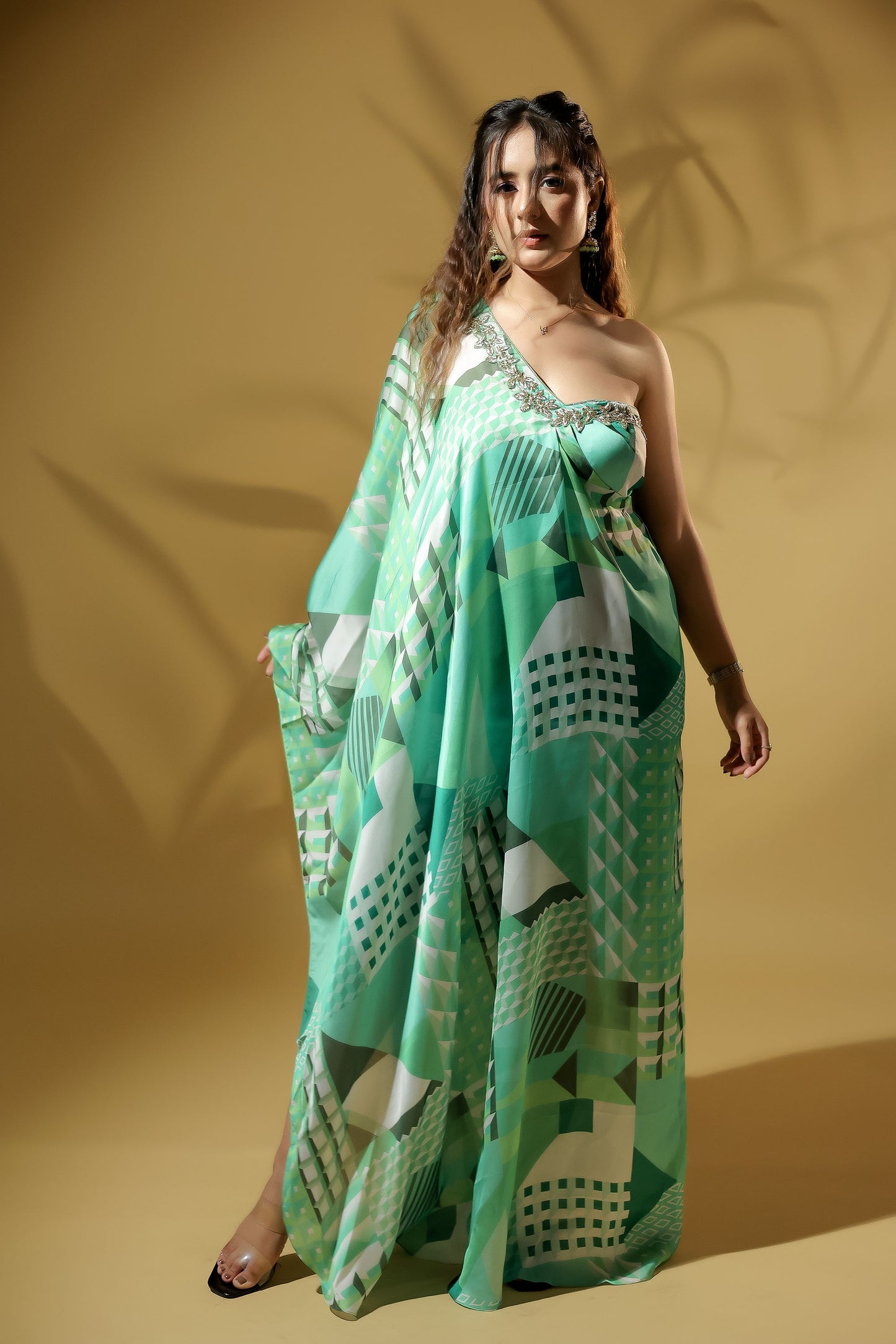 Green Exquisite Embroidered Neckline Off Shoulder Printed Dress