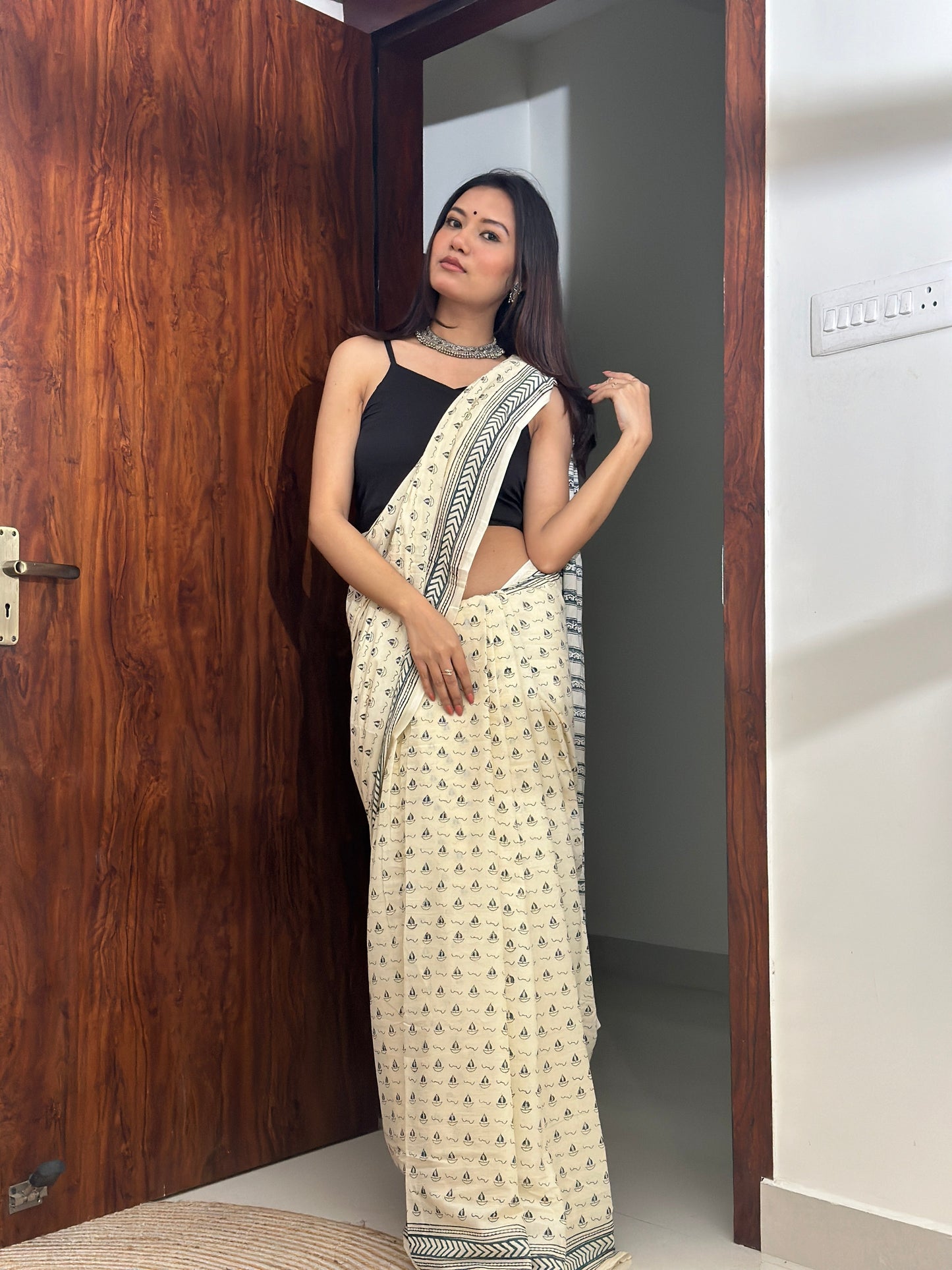 Kagaj ki kashti - My Little Boat White Cotton Mulmul Saree