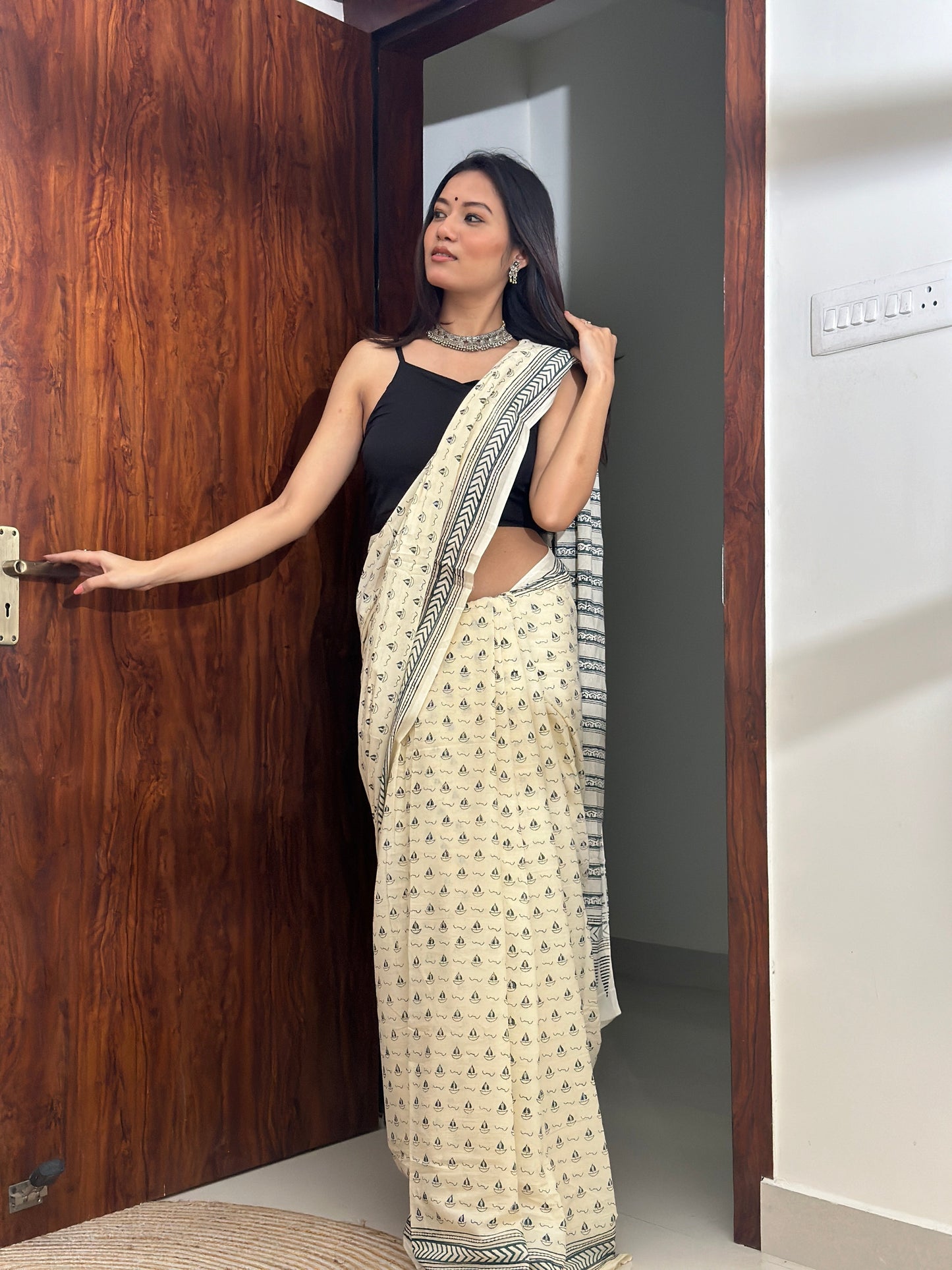 Kagaj ki kashti - My Little Boat White Cotton Mulmul Saree