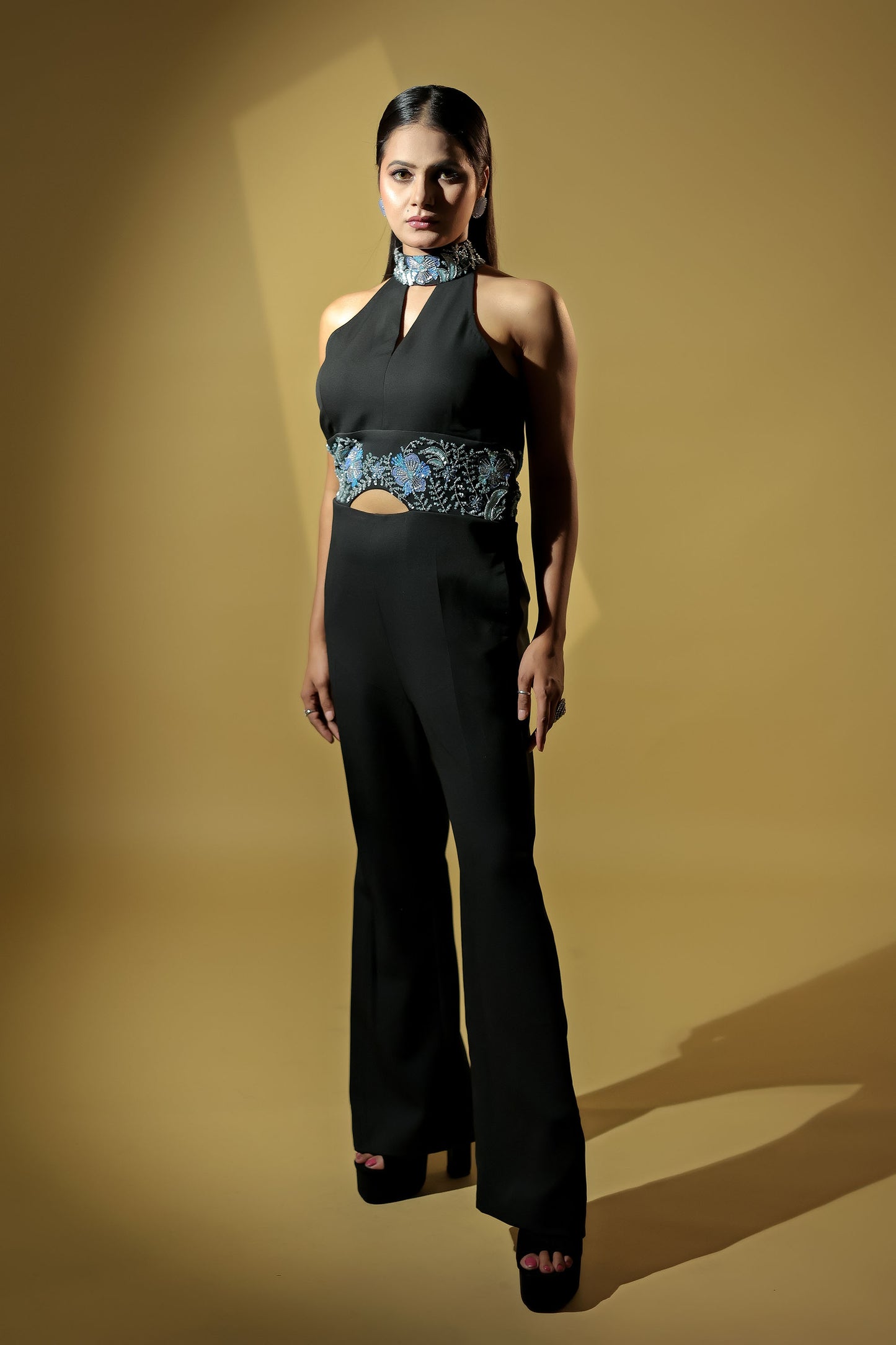 Black Chic and Stylish Halter Neck Jumpsuit With Embellished Waist Line