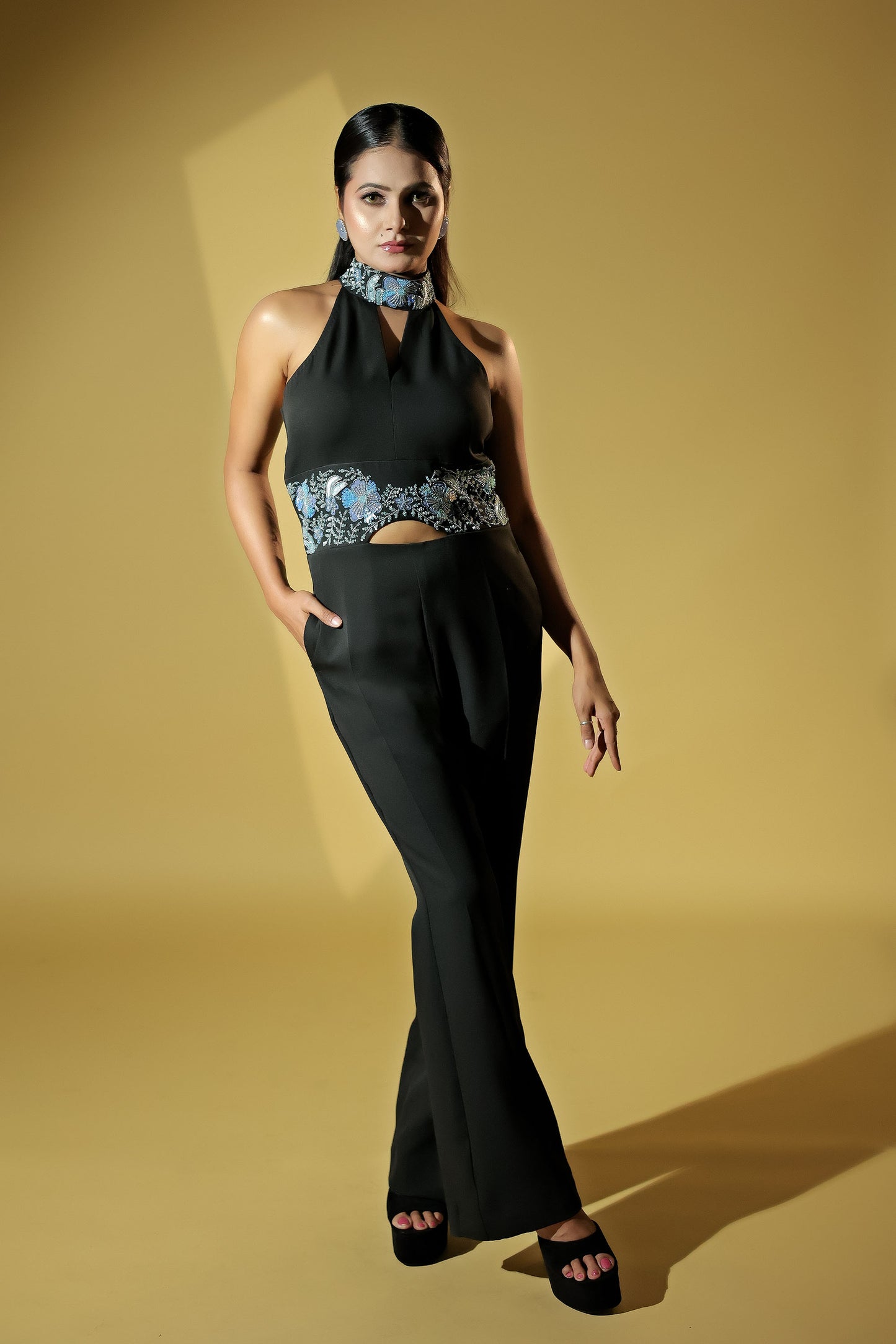 Black Chic and Stylish Halter Neck Jumpsuit With Embellished Waist Line