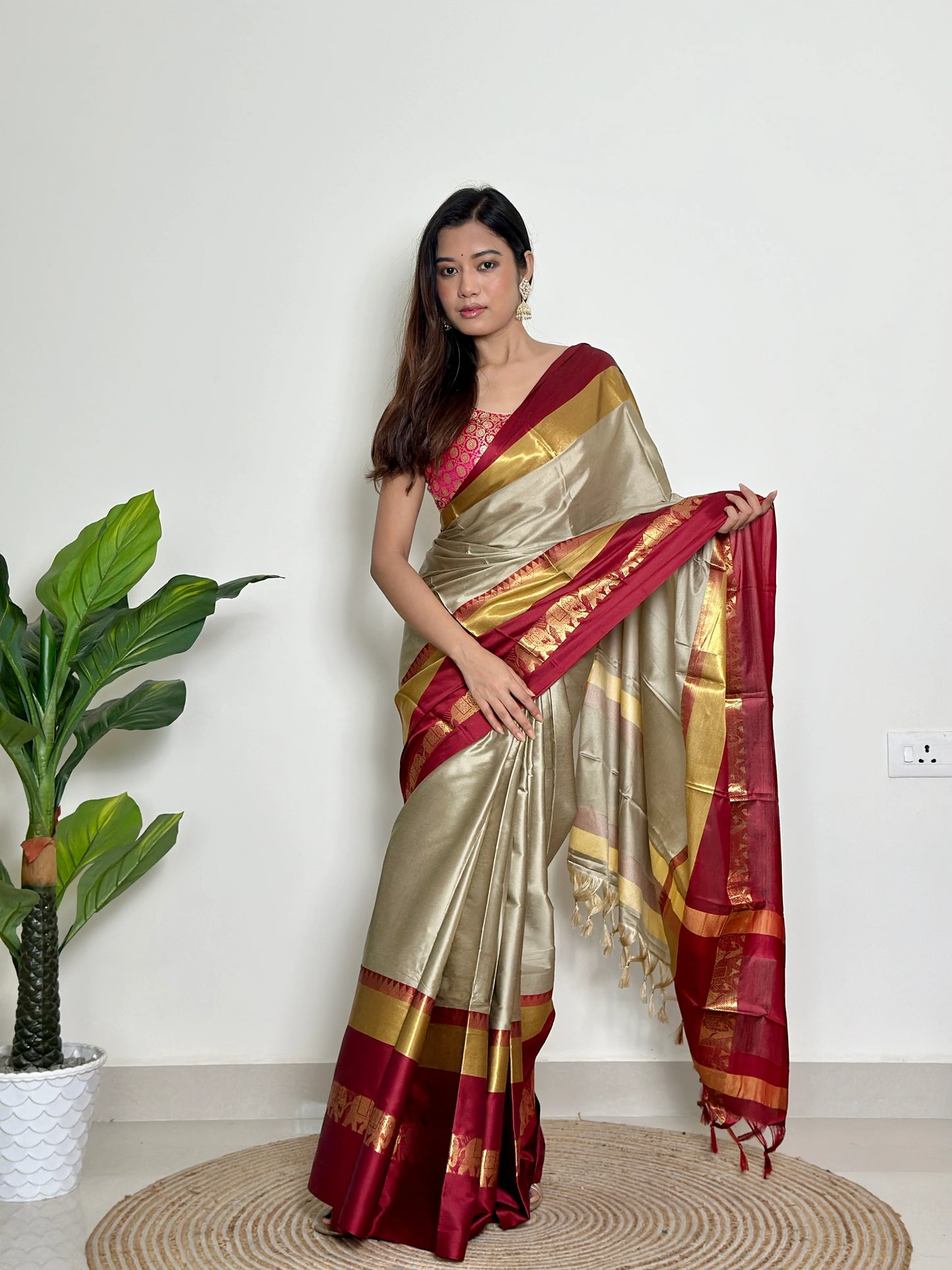 Warm Grey Beige - Handwoven - Silk Saree