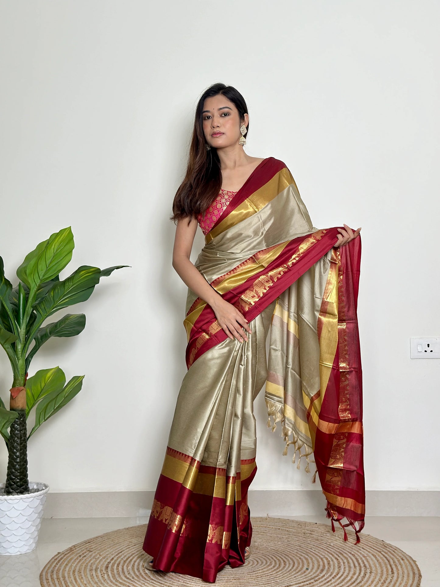 Warm Grey Beige - Handwoven - Silk Saree