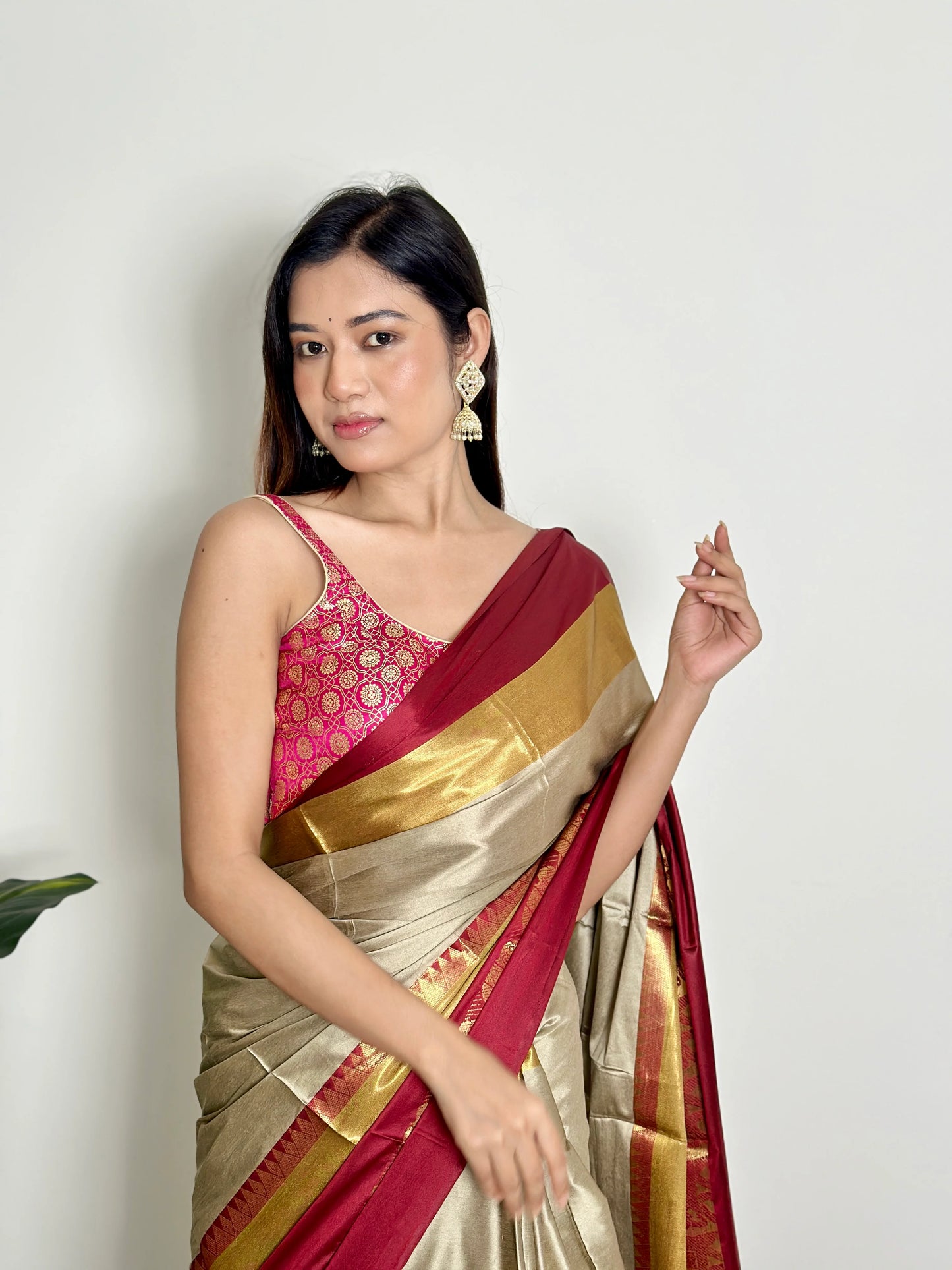 Warm Grey Beige - Handwoven - Silk Saree