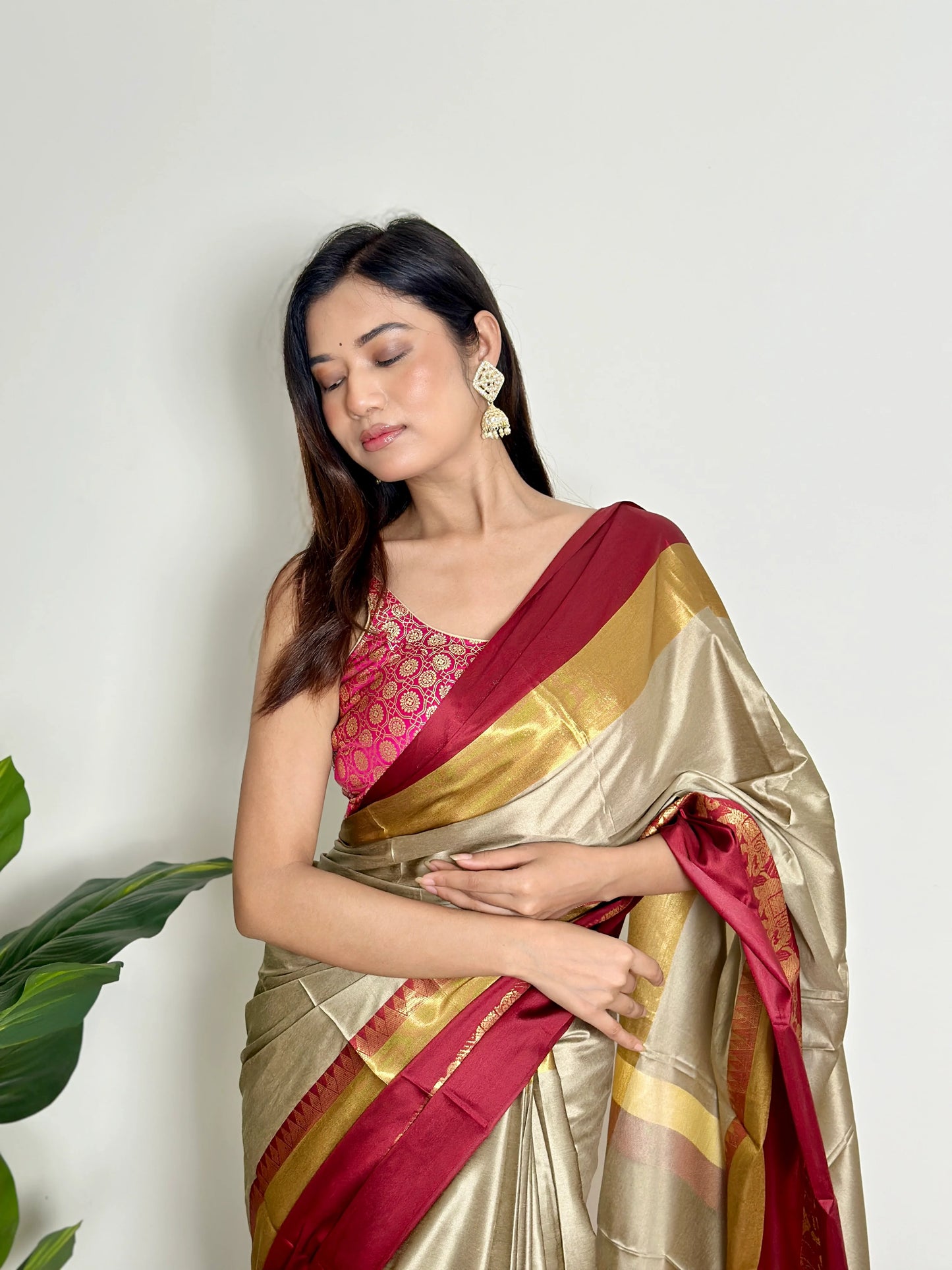 Warm Grey Beige - Handwoven - Silk Saree