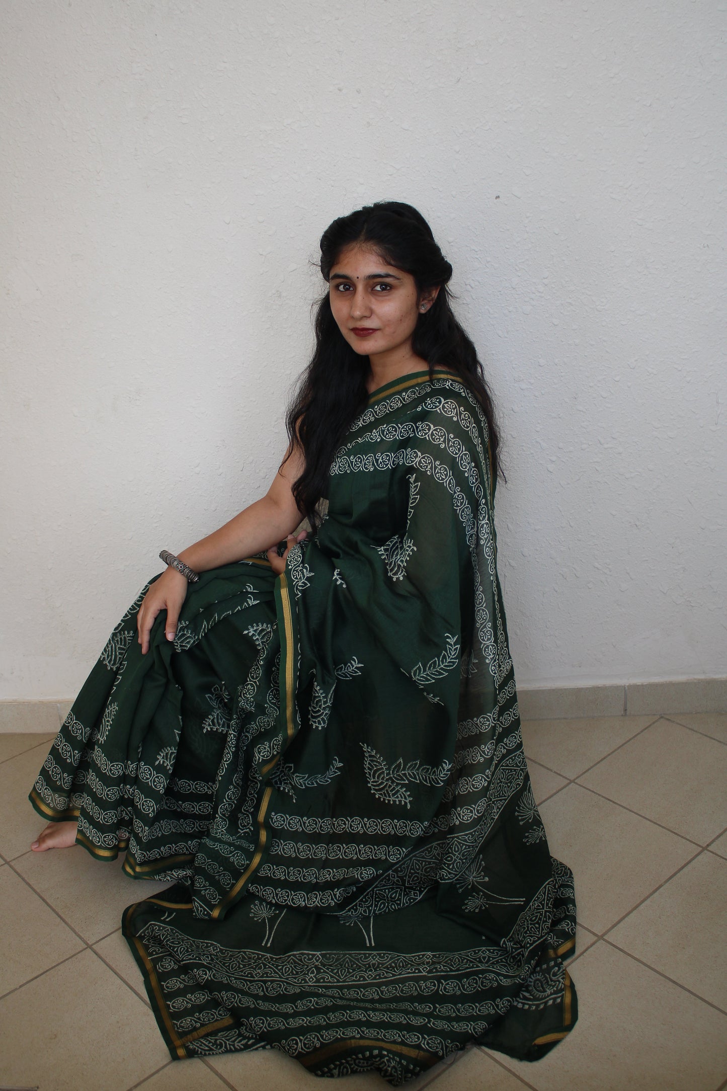 Vaidhai - Bagru Natural Dyes Handblock Printed - Green Chanderi Silk Saree