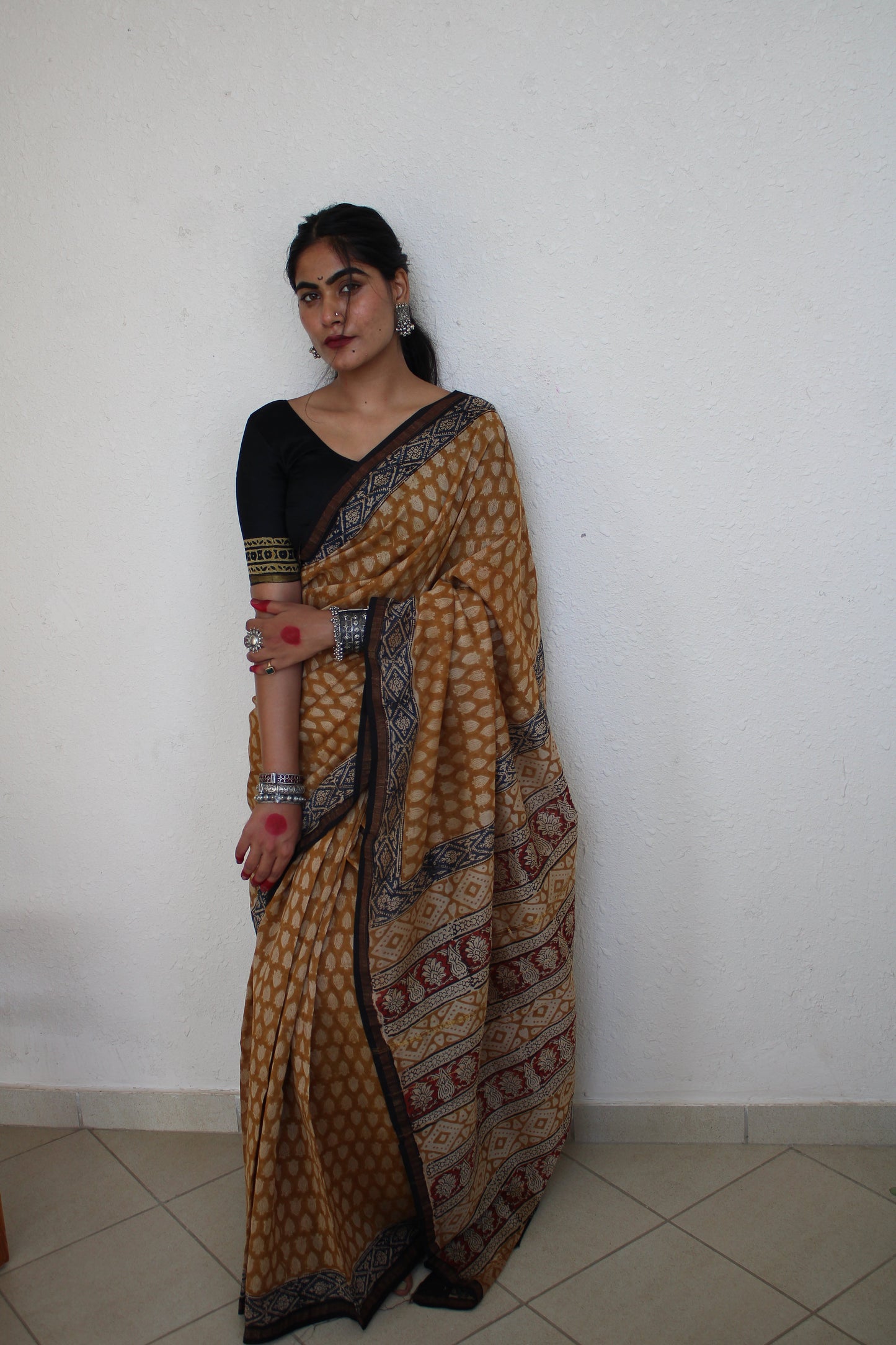 Lasya - Bagru Natural Dyes Handblock Printed - MustardChanderi Silk Saree