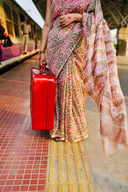 Latika - Pink Bagru Natural Dyes Handblock Printed - Chanderi Silk Saree