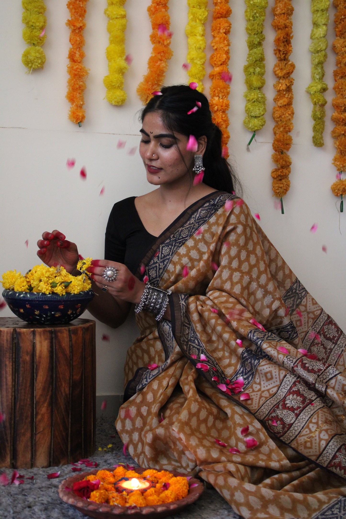 Lasya - Bagru Natural Dyes Handblock Printed - MustardChanderi Silk Saree