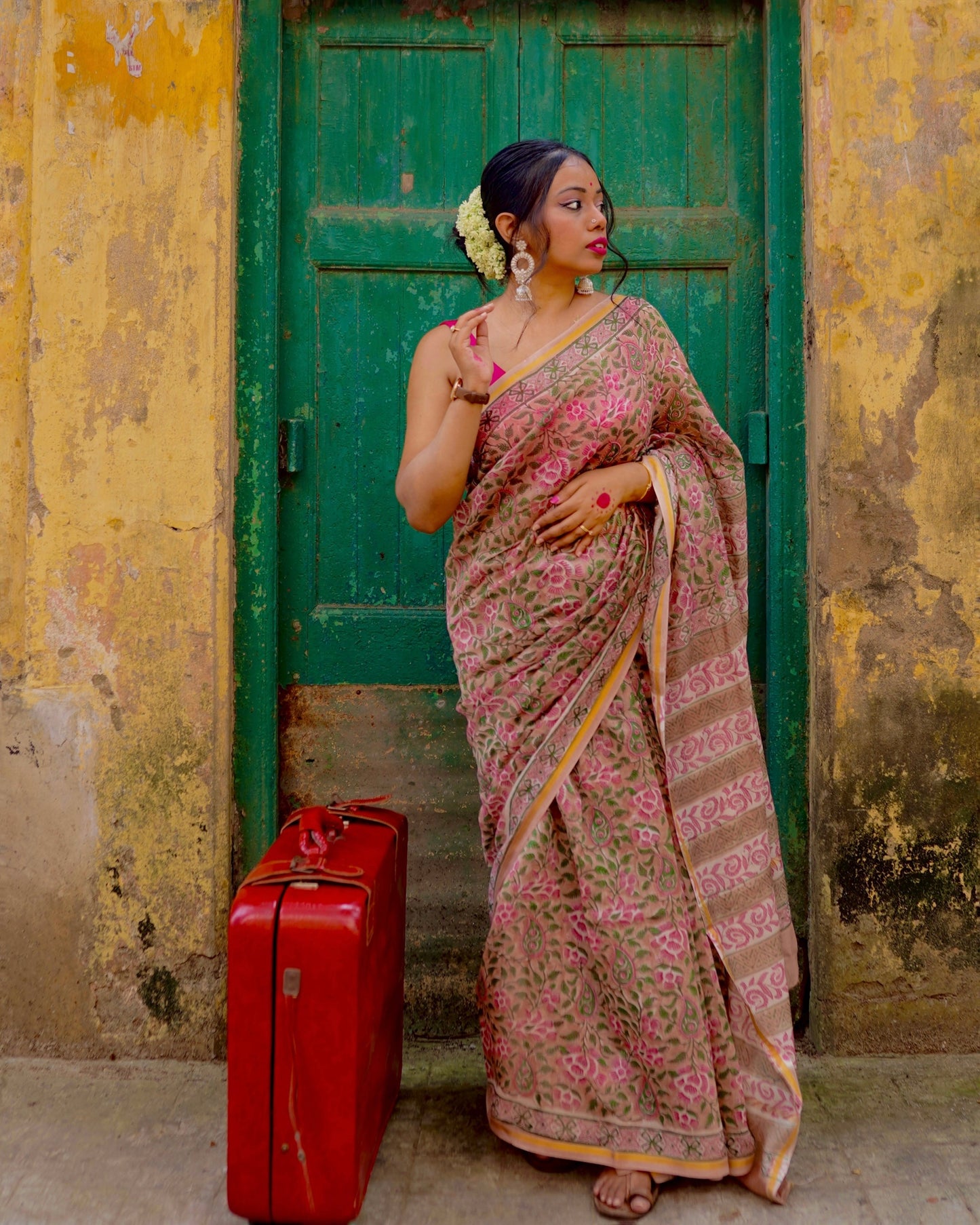 Latika - Pink Bagru Natural Dyes Handblock Printed - Chanderi Silk Saree