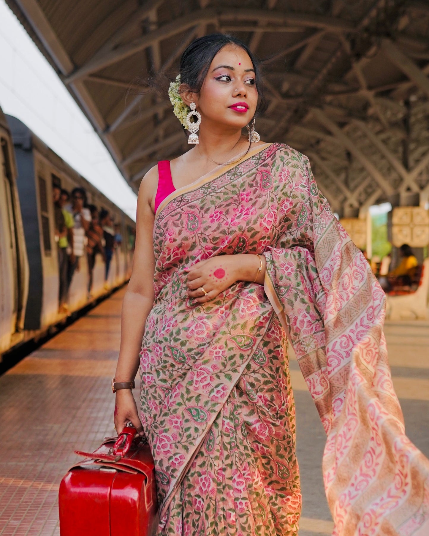 Latika - Pink Bagru Natural Dyes Handblock Printed - Chanderi Silk Saree