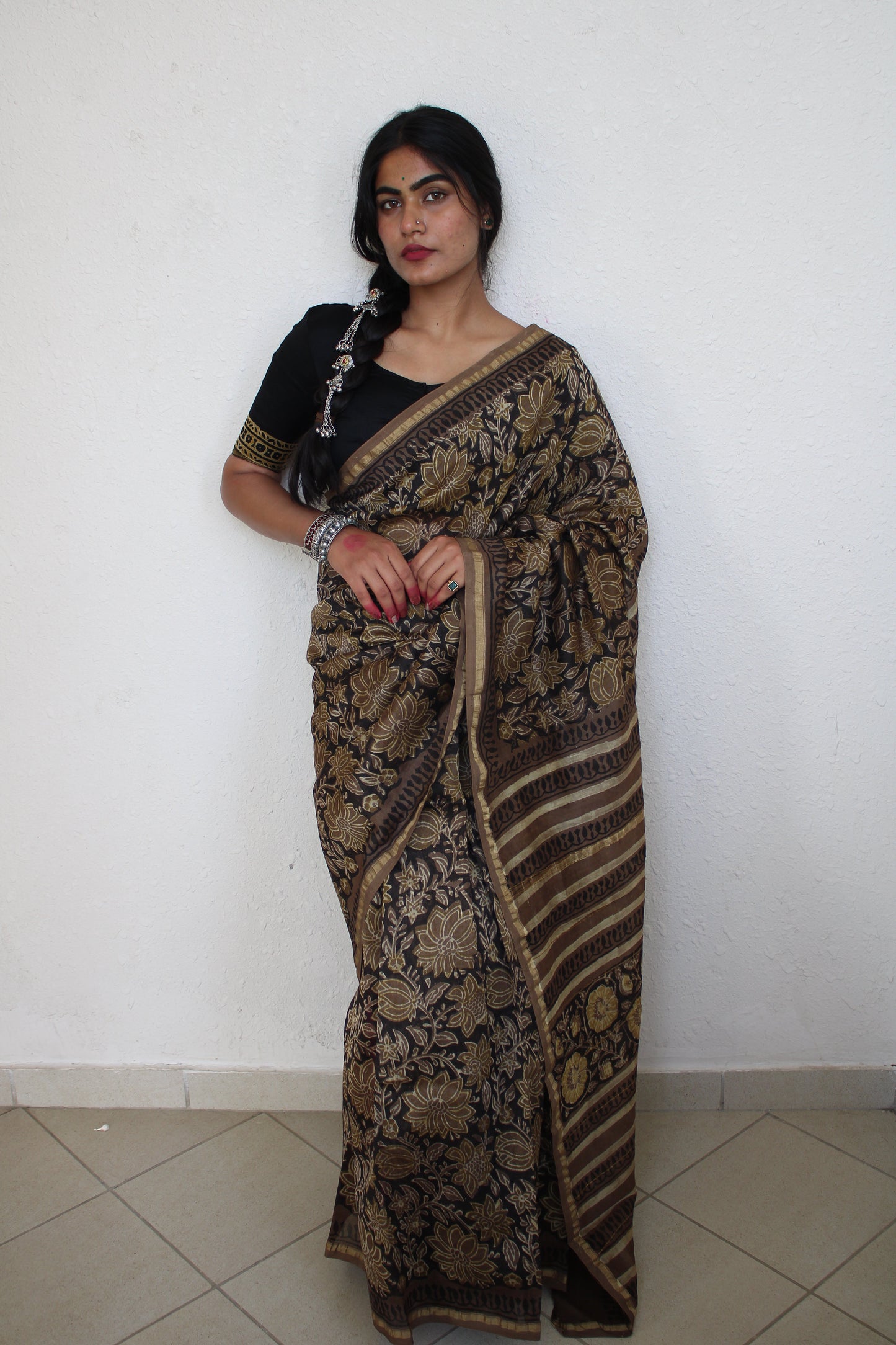 Amya- Black Bagru Natural Dyes Handblock Printed - Chanderi Silk Saree