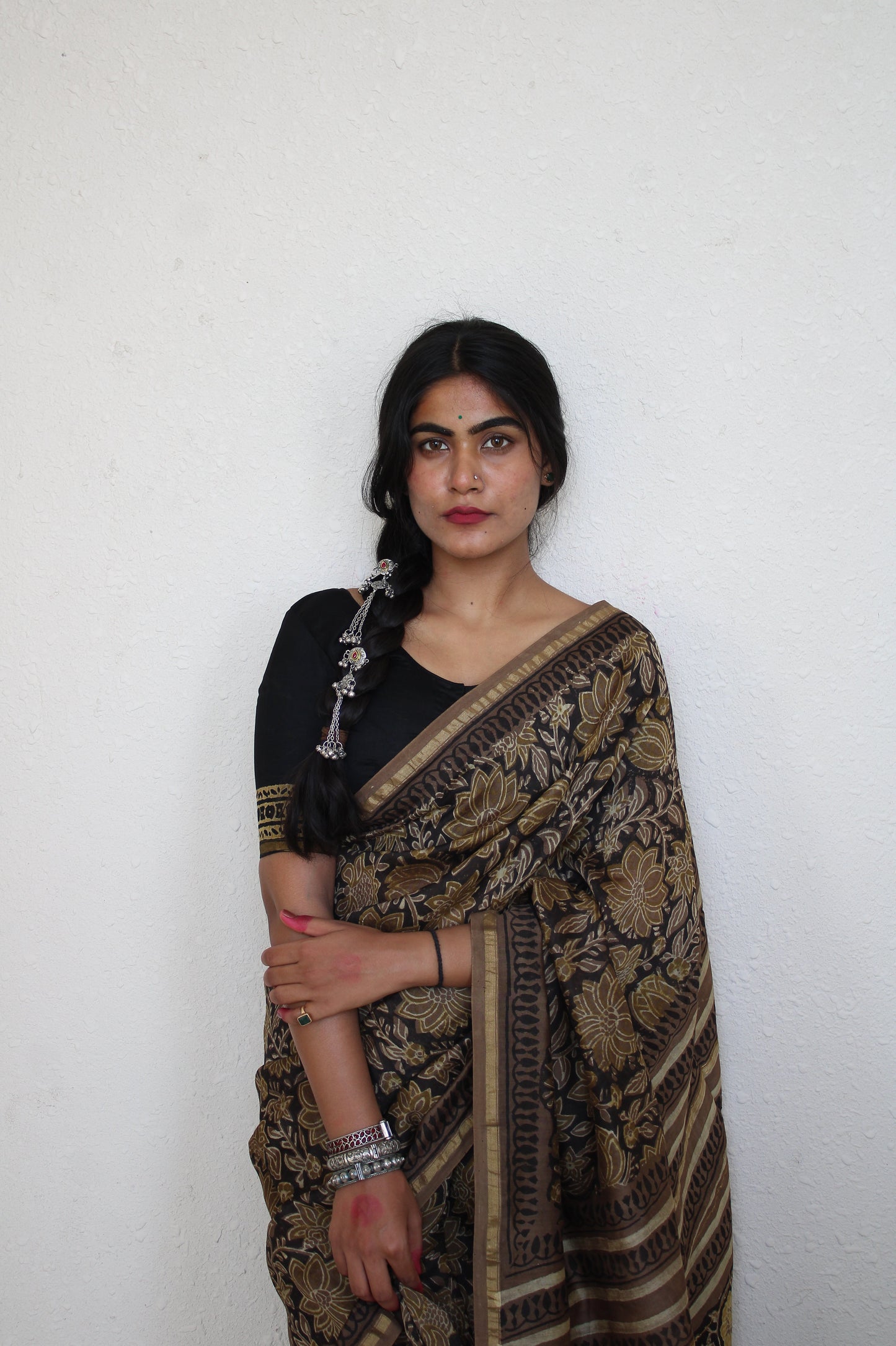 Amya- Black Bagru Natural Dyes Handblock Printed - Chanderi Silk Saree