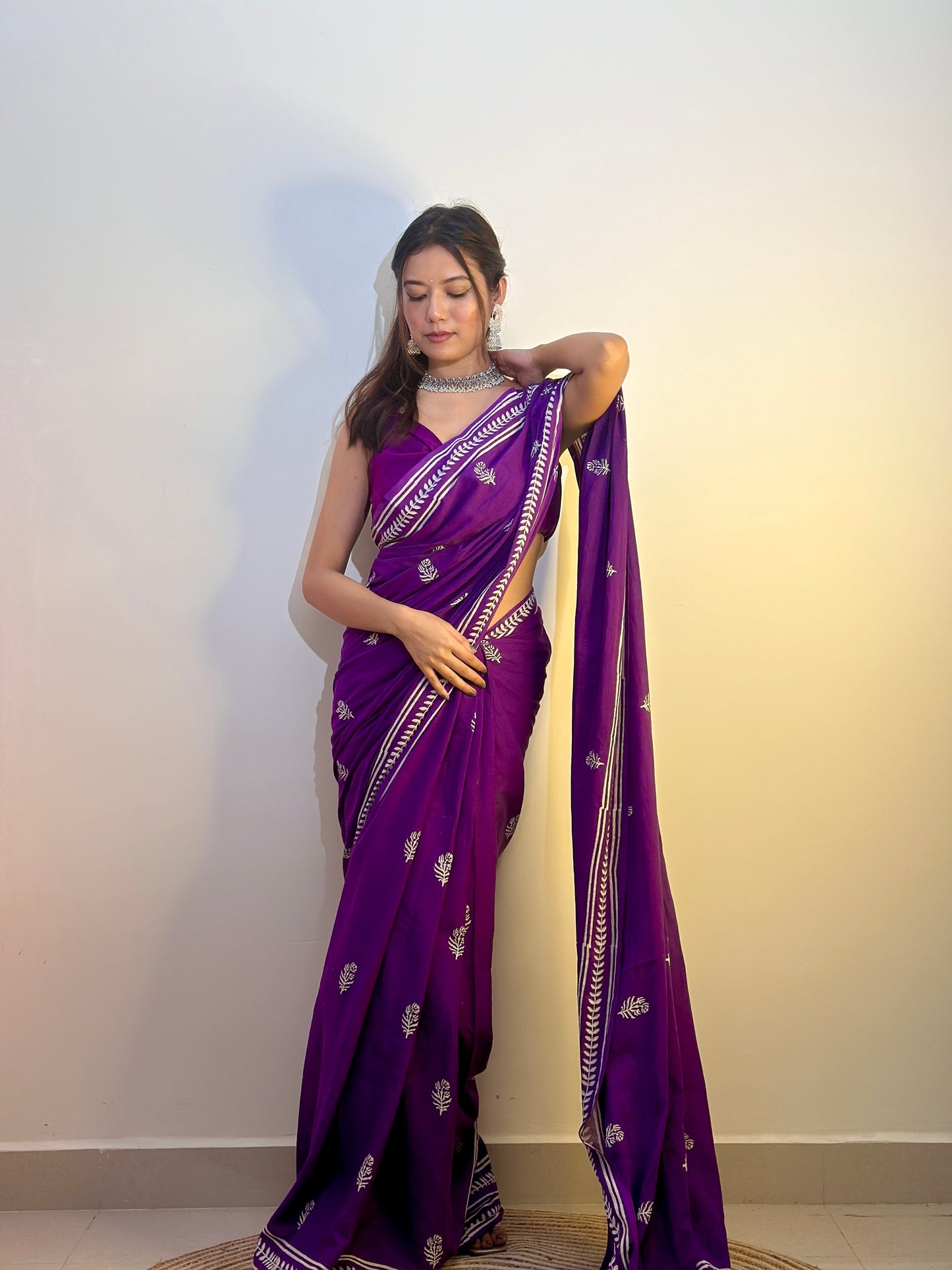 Party Purple - Handblock Print Natural Dyed - Mulmul Cotton Saree