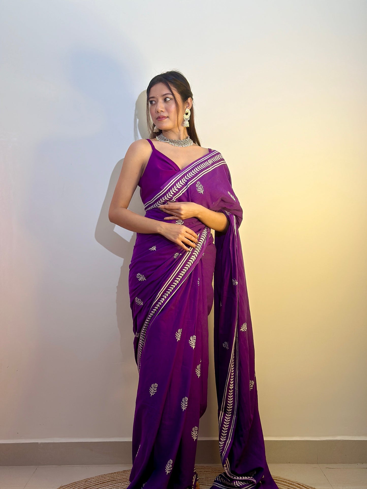 Party Purple - Handblock Print Natural Dyed - Mulmul Cotton Saree