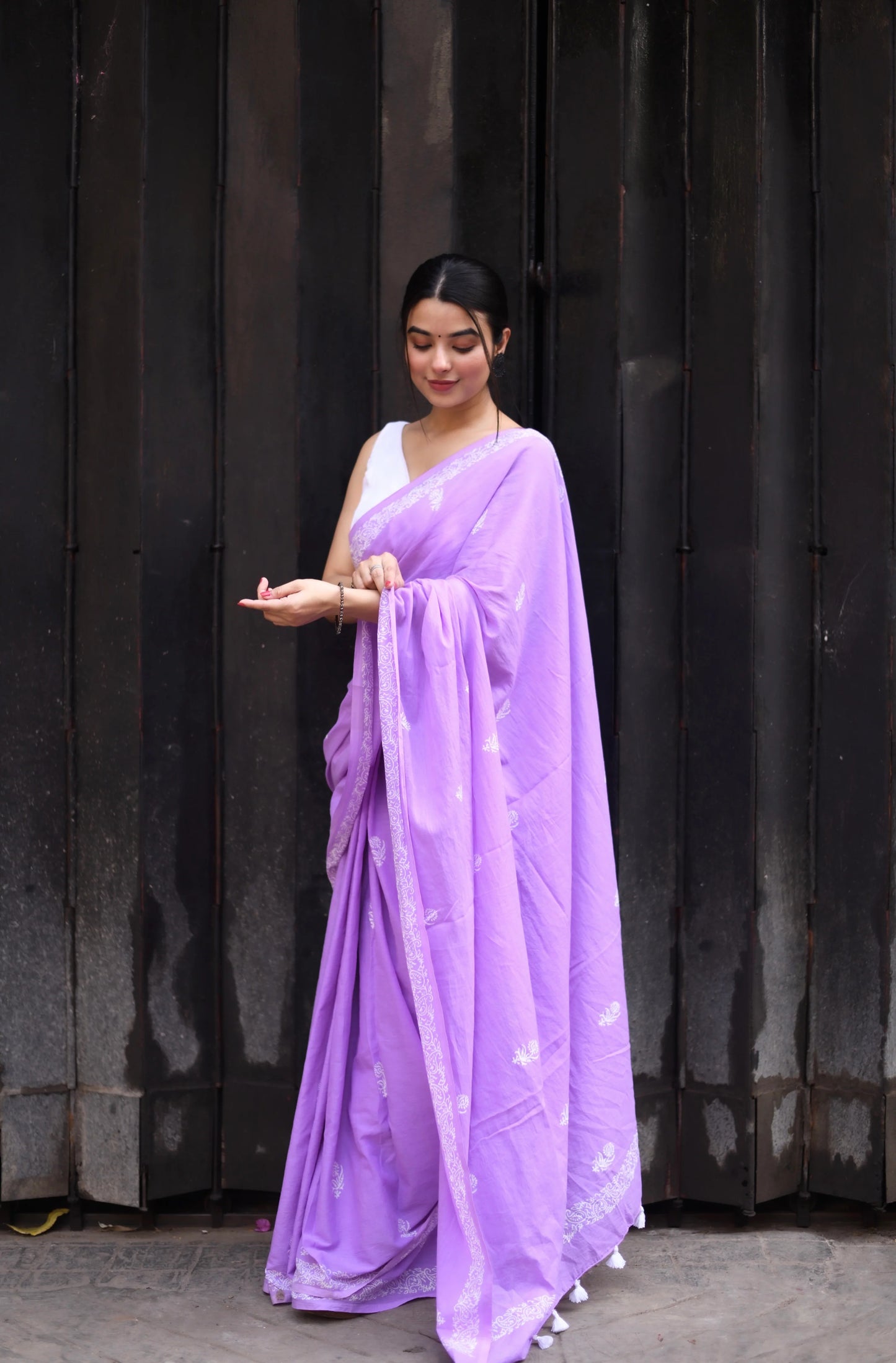 Lavender Secret - Handblock Print Natural Dyed - Mulmul Cotton Saree