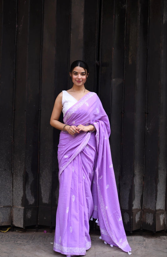 Lavender Secret - Handblock Print Natural Dyed - Mulmul Cotton Saree