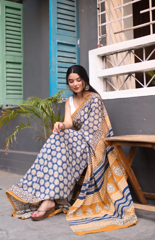 Blue Jasmine - Bagru Handblock Print Natural Dyed - Blue Mulmul Cotton Saree