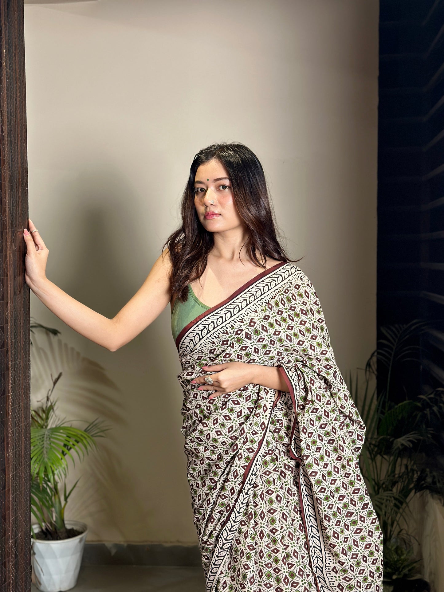 Mandana- green Bagru Natural Dyes Handblock Printed - Cotton Mulmul Saree