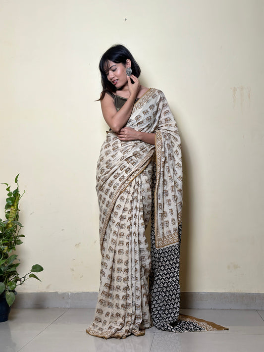 Caramel Chic - Handblock Print Natural Dyed - Mulmul Cotton Saree