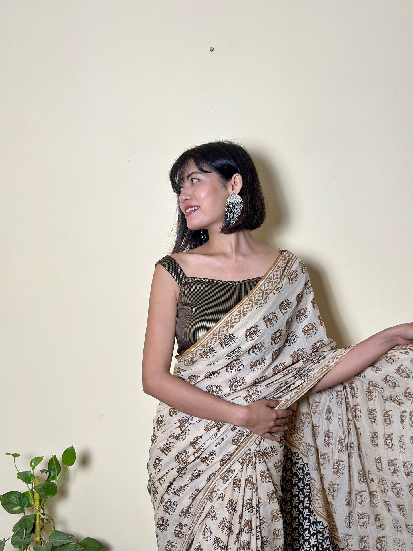 Caramel Chic - Handblock Print Natural Dyed - Mulmul Cotton Saree