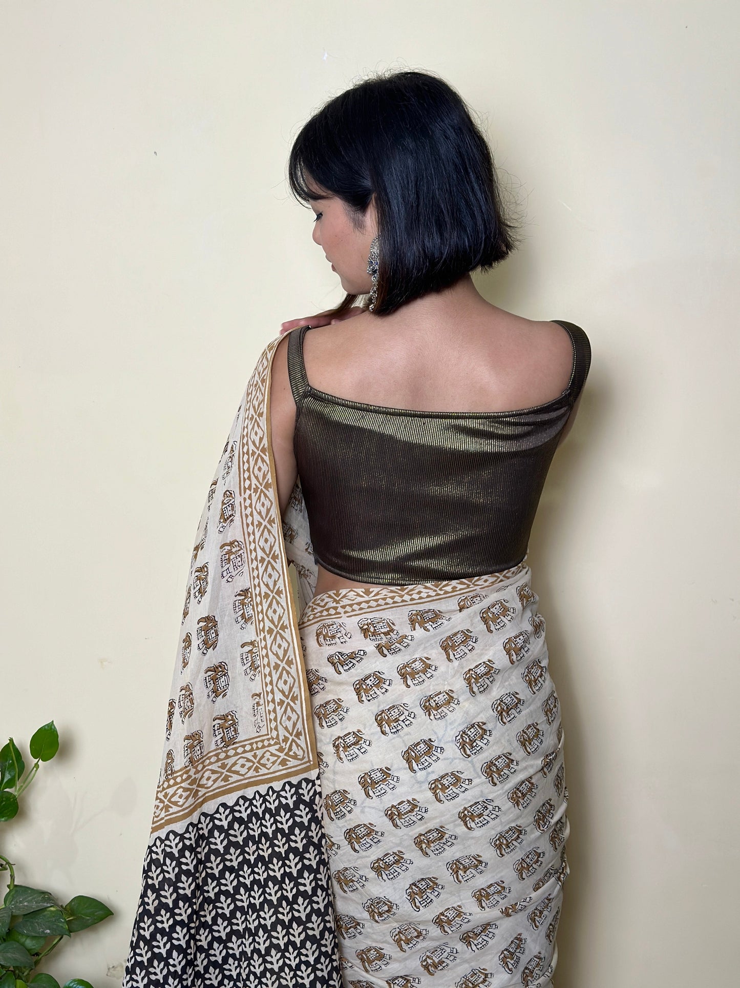 Caramel Chic - Handblock Print Natural Dyed - Mulmul Cotton Saree