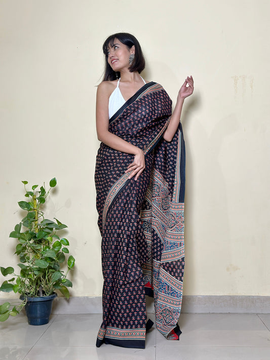 Maa-Si - Black Ajarkh Handblock - Cotton Mulmul Handblock Saree