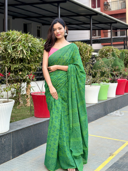 Lotus in Green hue - Handblock Print Natural Dyed - Mulmul Cotton Saree