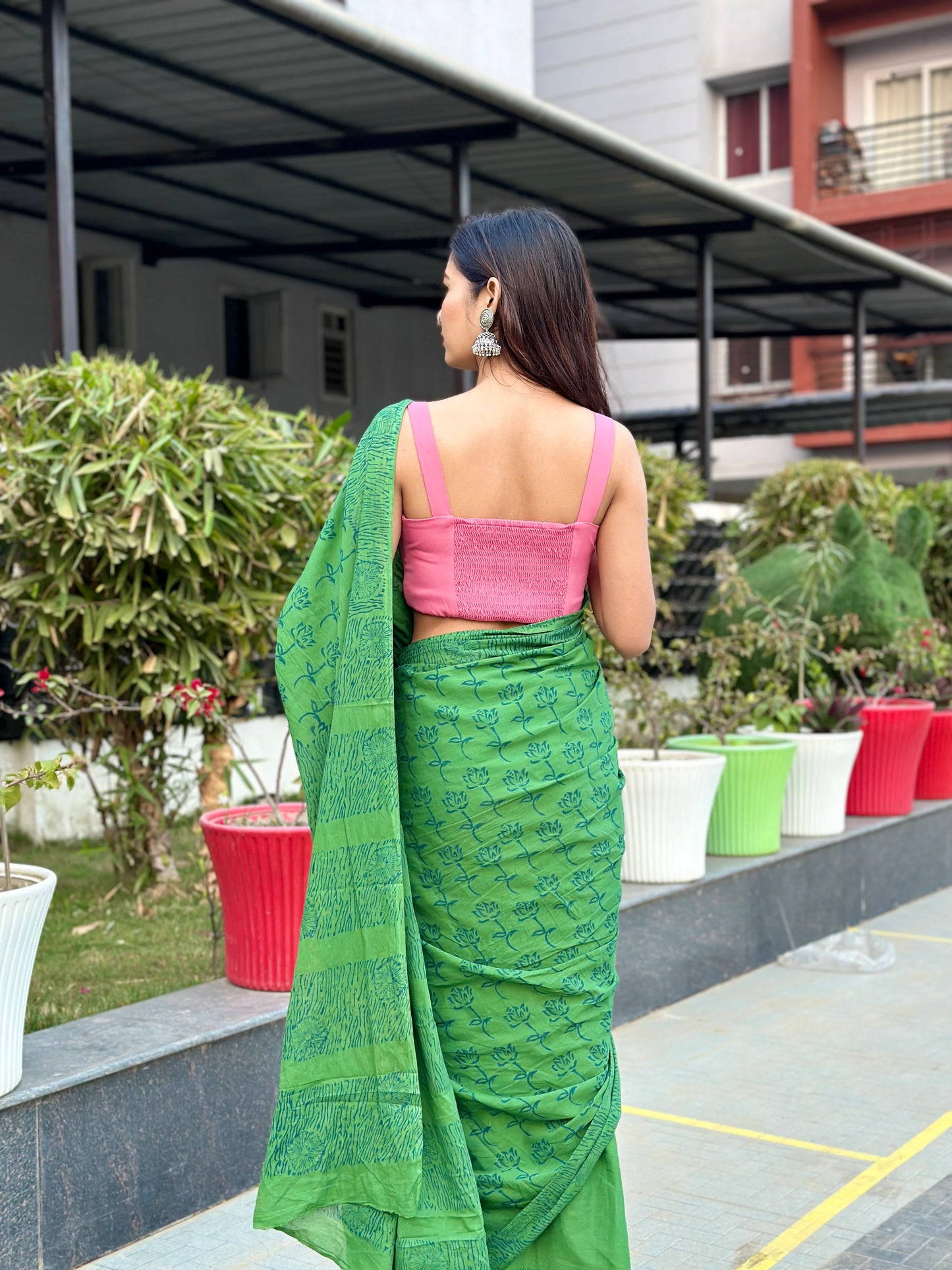 Lotus in Green hue - Handblock Print Natural Dyed - Mulmul Cotton Saree