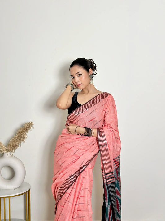 Coral And Grey Ikat Natural Dyed - HandCrafted - Soft Linen Saree