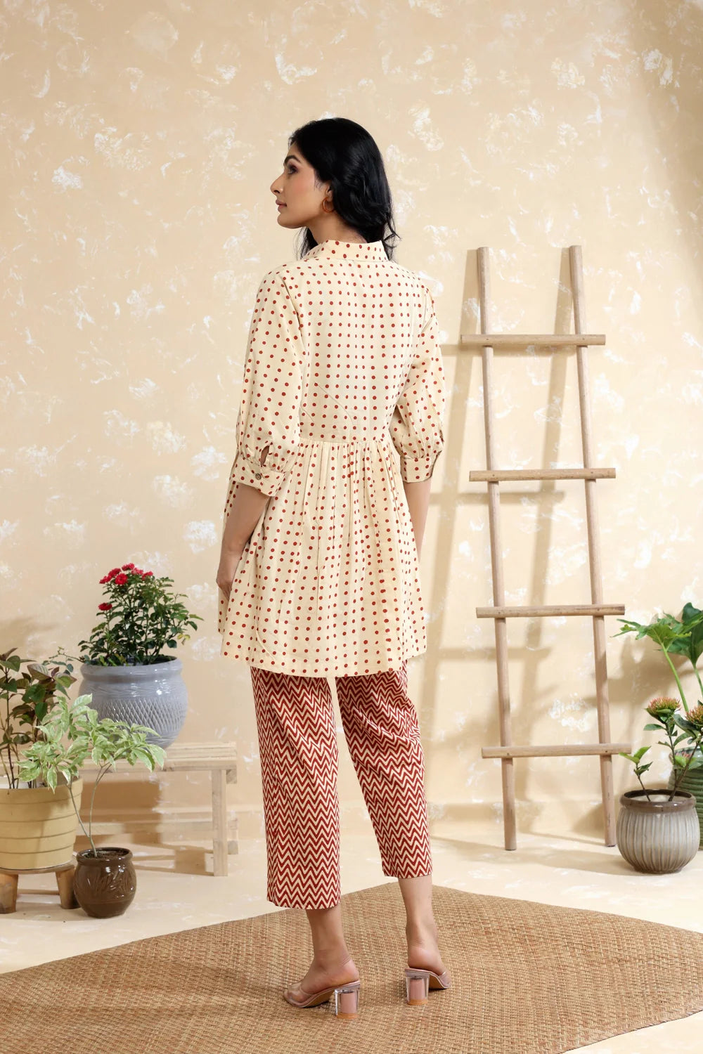 Cream Polka Dots Pure Cotton Block Print Co-ord Set