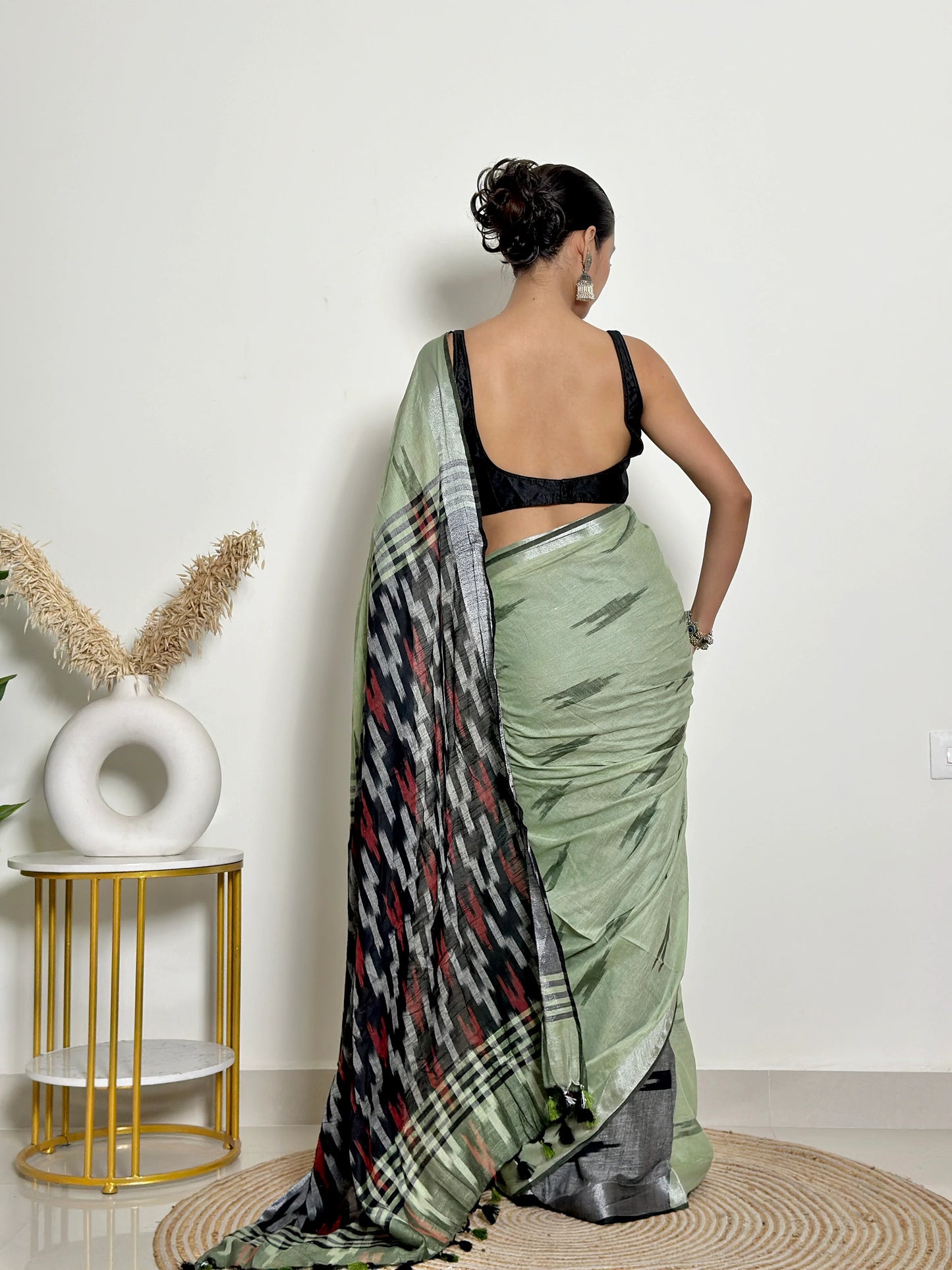 Pista Ikat Natural Dyed - HandCrafted - Soft Linen Saree