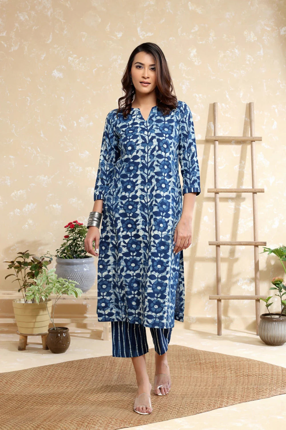 Indigo Pure Cotton Floral Big Block Print Kurta Set