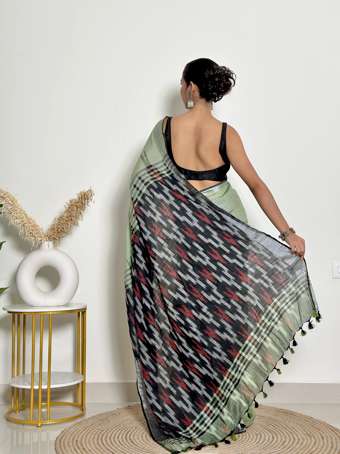 Pista Ikat Natural Dyed - HandCrafted - Soft Linen Saree