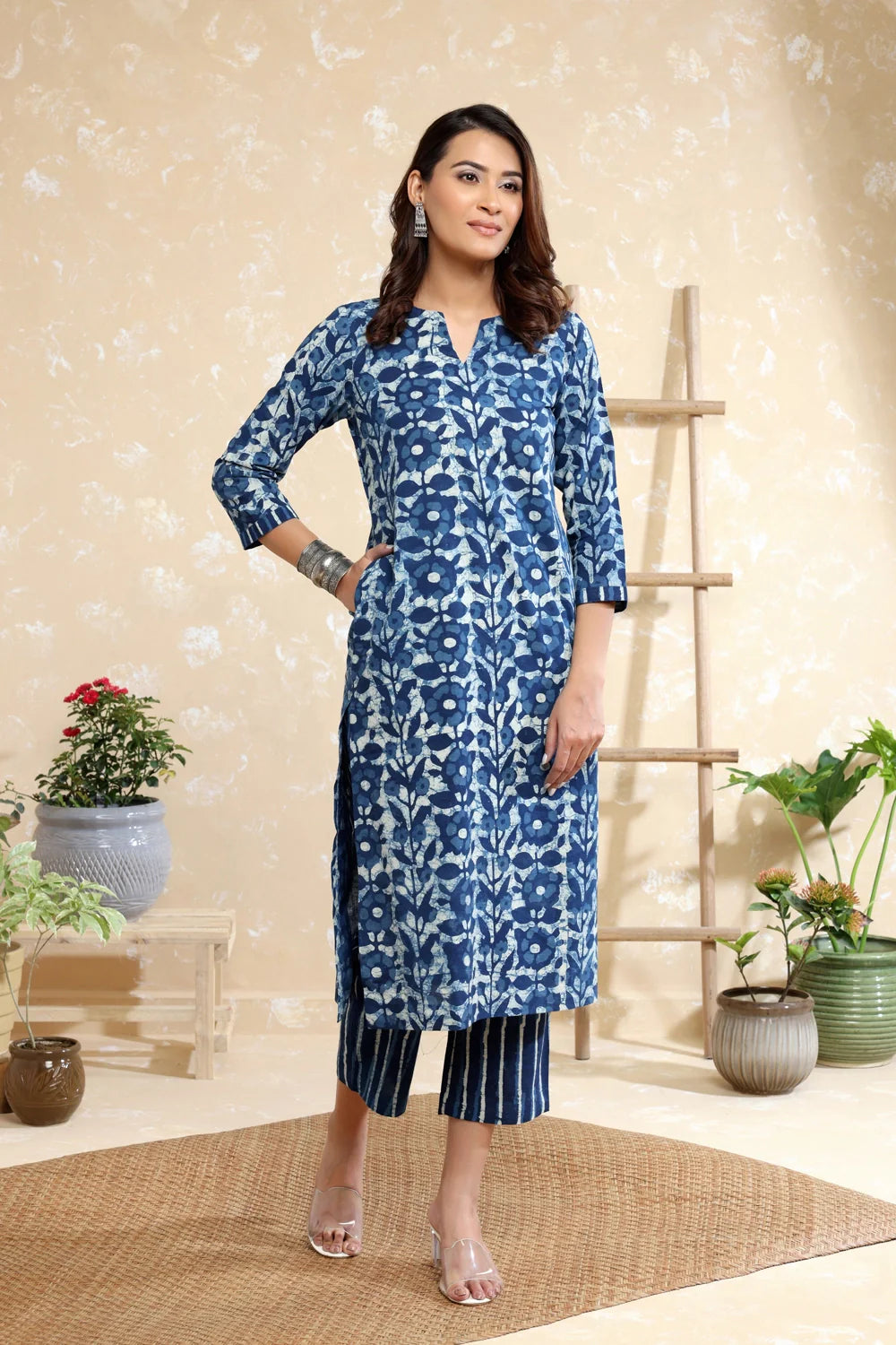 Indigo Pure Cotton Floral Big Block Print Kurta Set