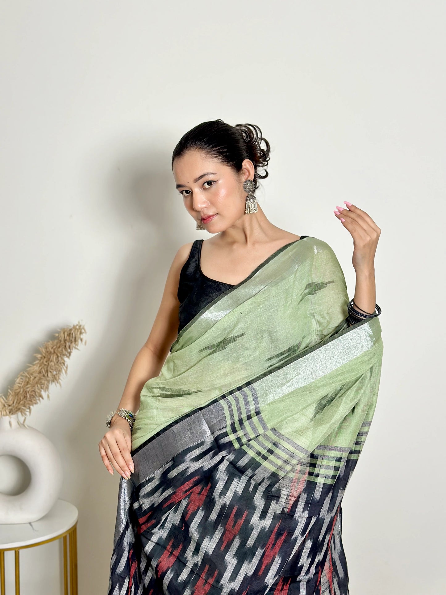 Pista Ikat Natural Dyed - HandCrafted - Soft Linen Saree