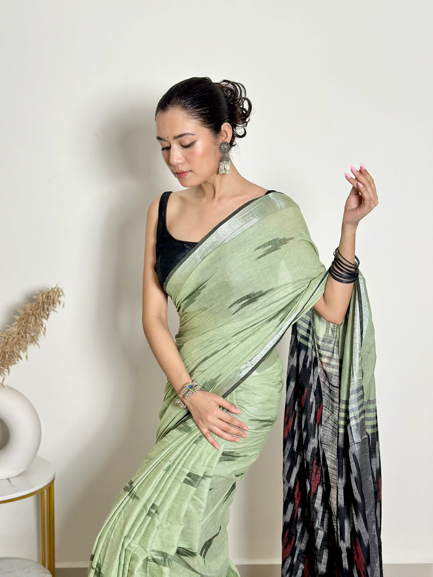 Pista Ikat Natural Dyed - HandCrafted - Soft Linen Saree