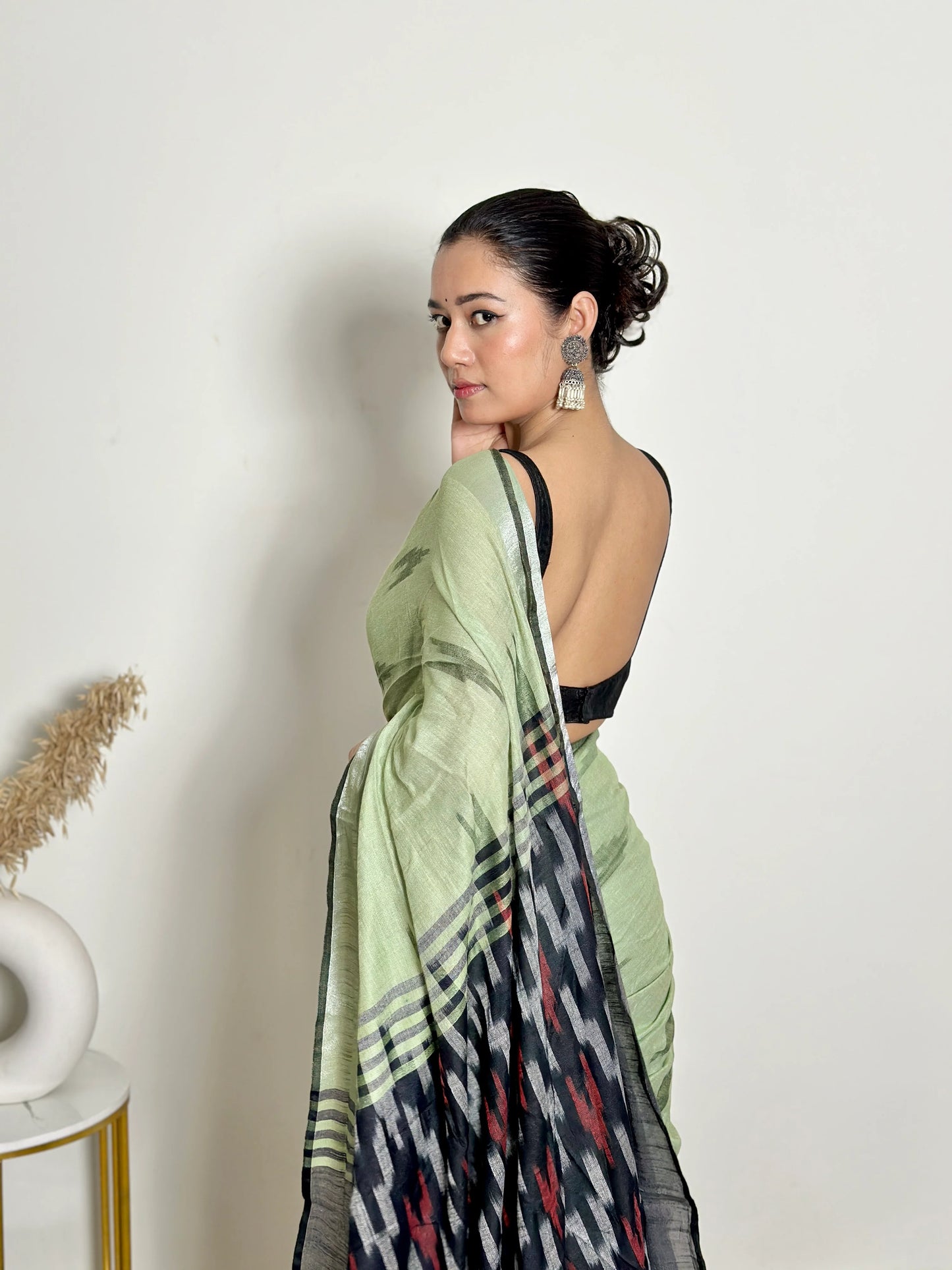 Pista Ikat Natural Dyed - HandCrafted - Soft Linen Saree