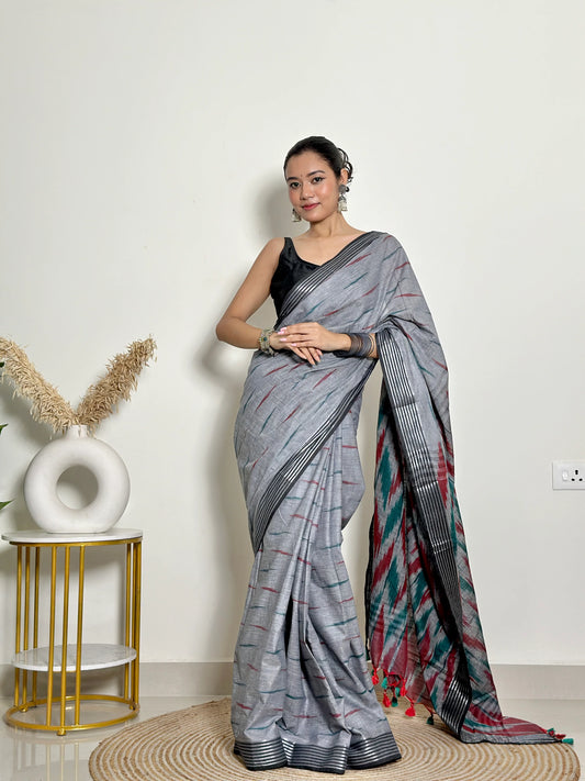 Slaty Ikat Natural Dyed - HandCrafted - Soft Linen Saree