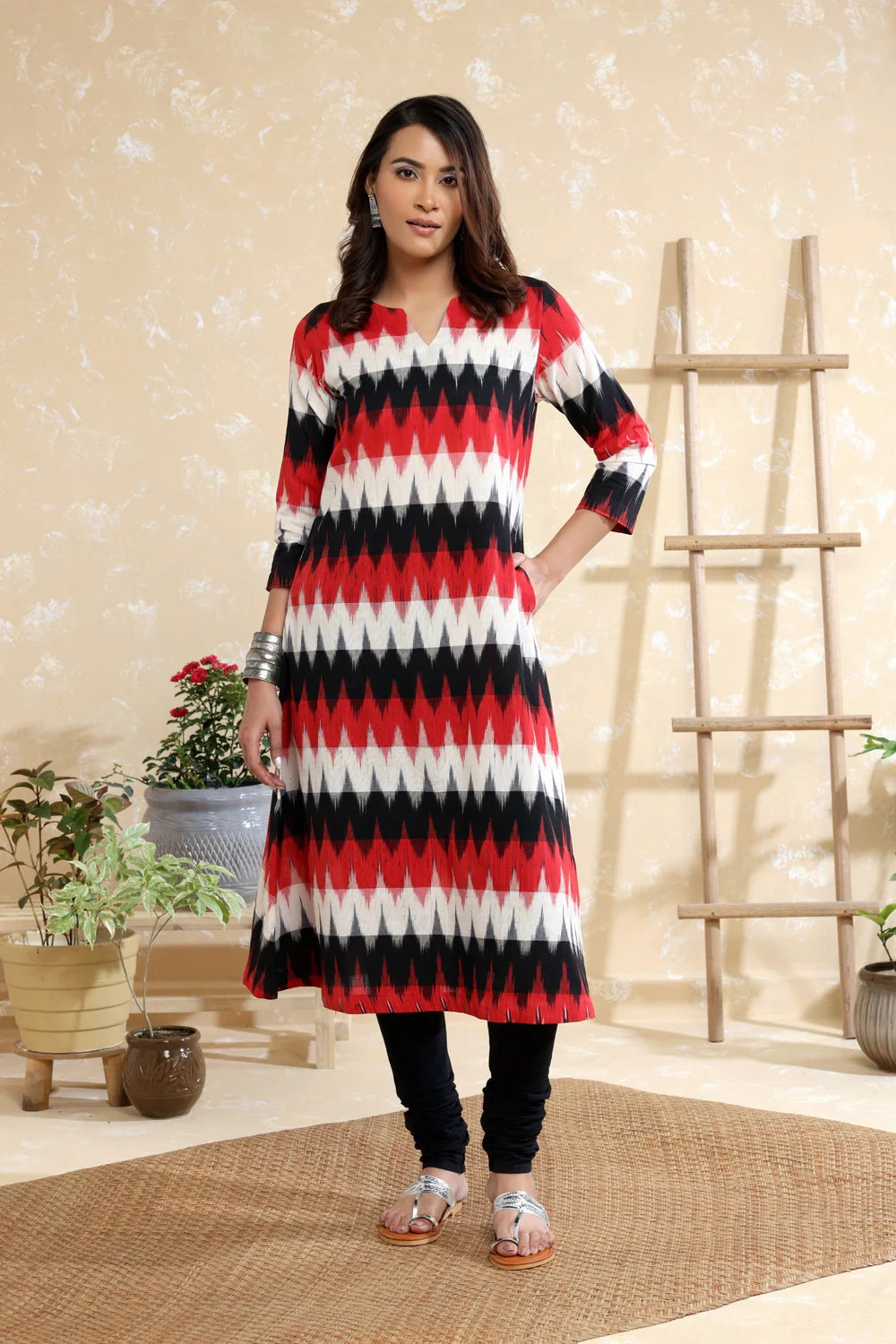 Black Multi Colour Handwoven Pure Cotton Ikkat Kurta Set