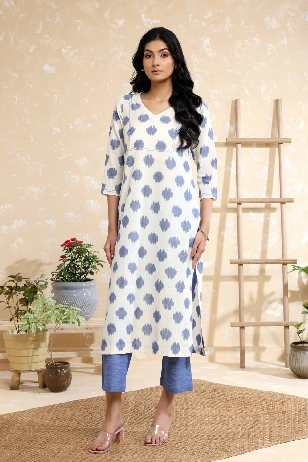 White & Blue Handwoven Pure Cotton Ikkat Kurta Set