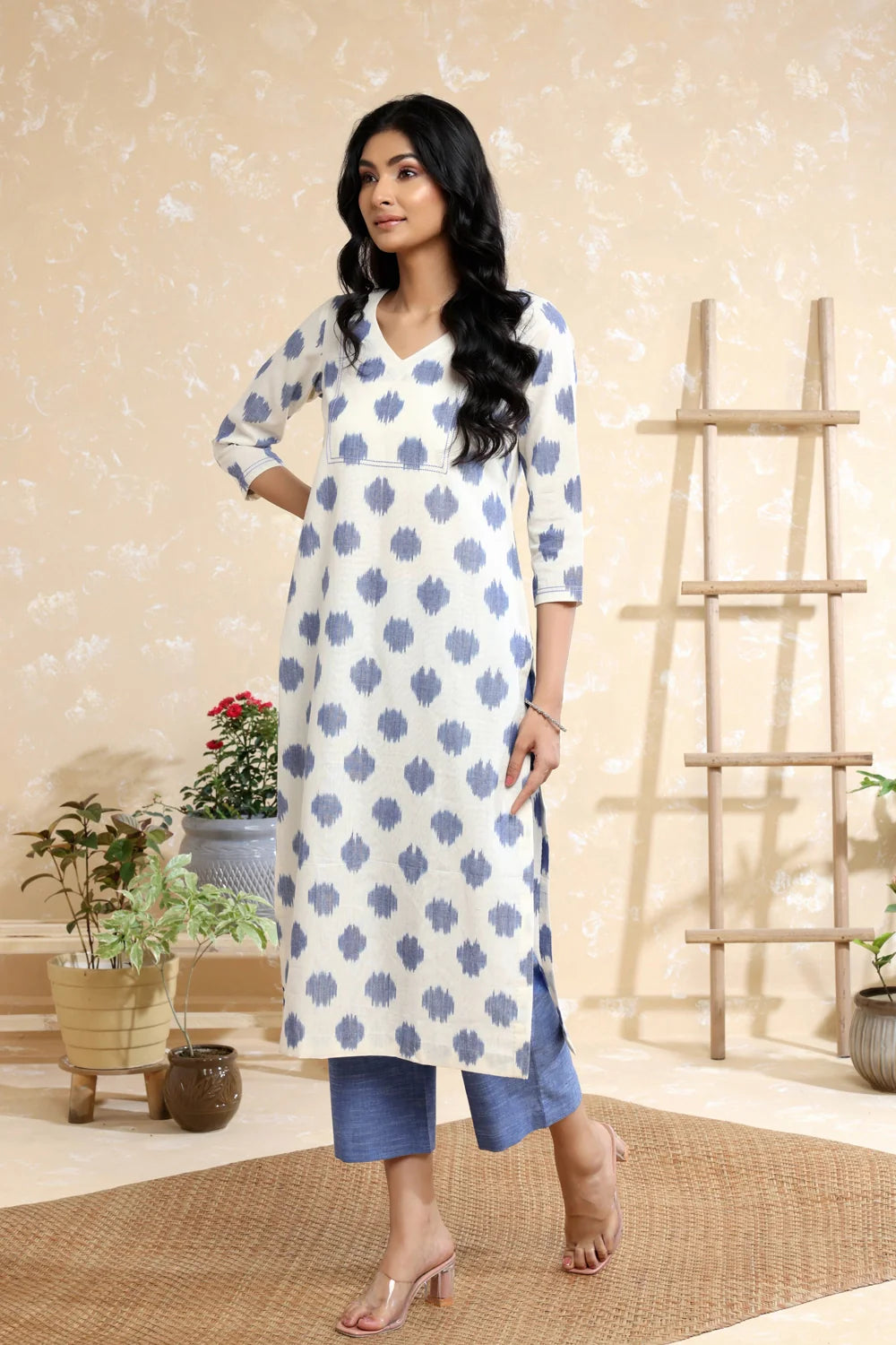 White & Blue Handwoven Pure Cotton Ikkat Kurta Set