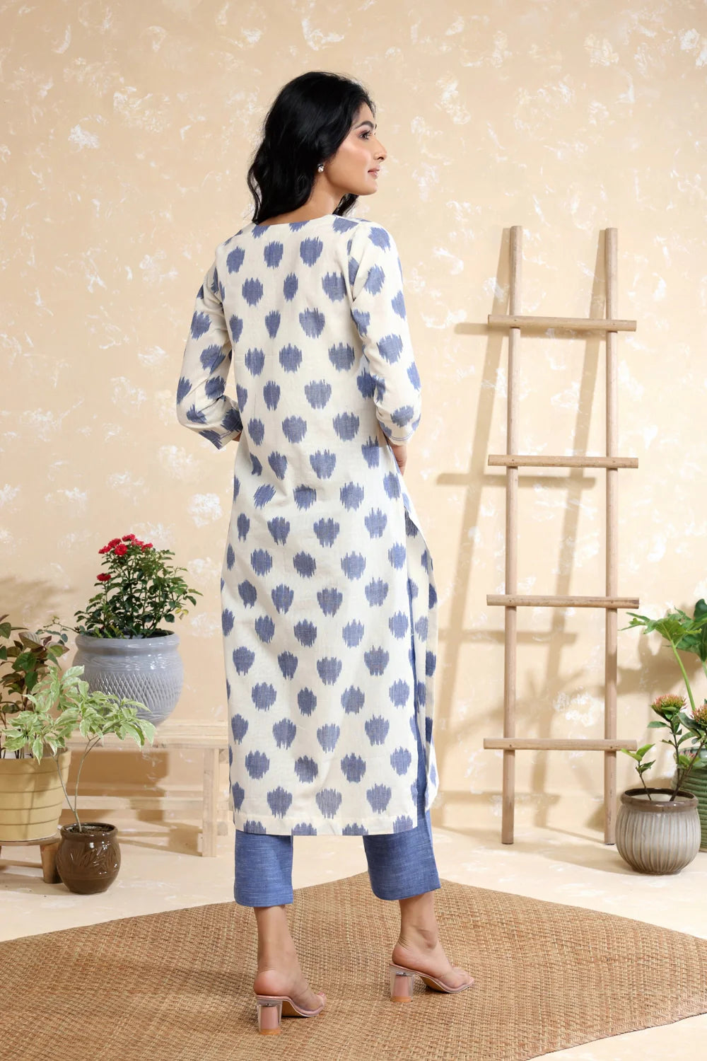 White & Blue Handwoven Pure Cotton Ikkat Kurta Set