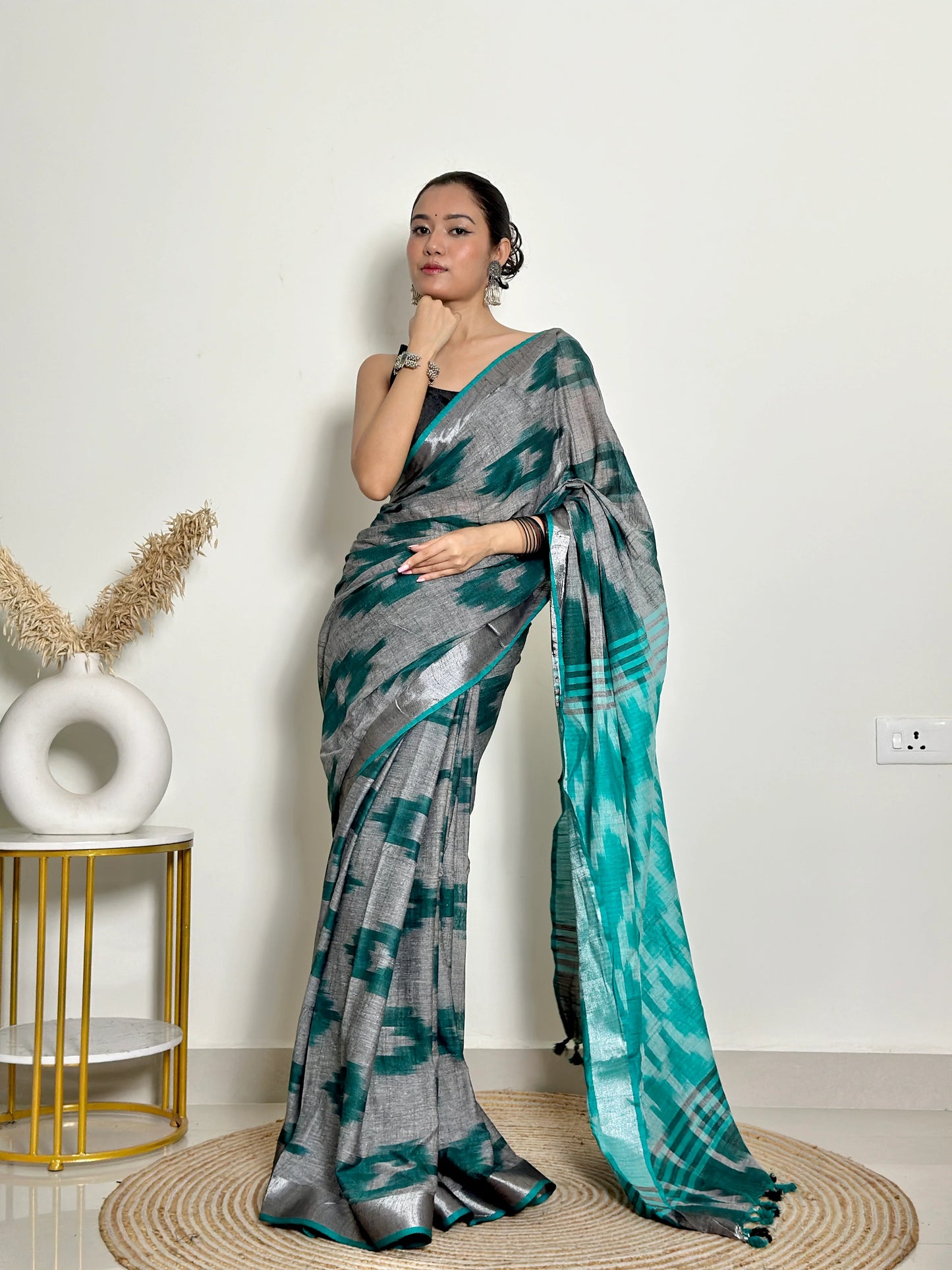 Grey And Turquoise Ikat Natural Dyed - HandCrafted - Soft Linen Saree